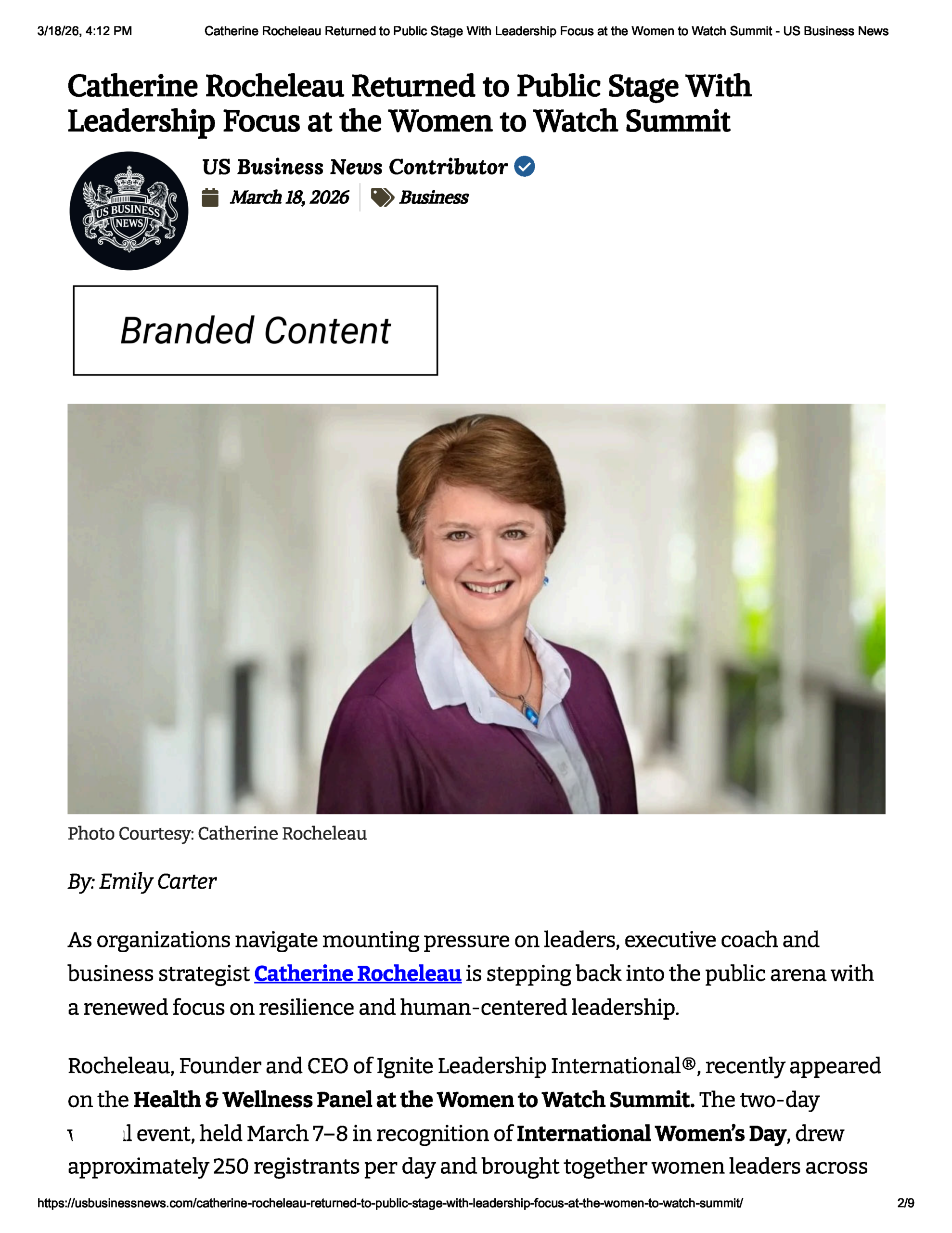 260318 US Business News - Cover page Front page of article about Catherine Rocheleau featured in US Business News