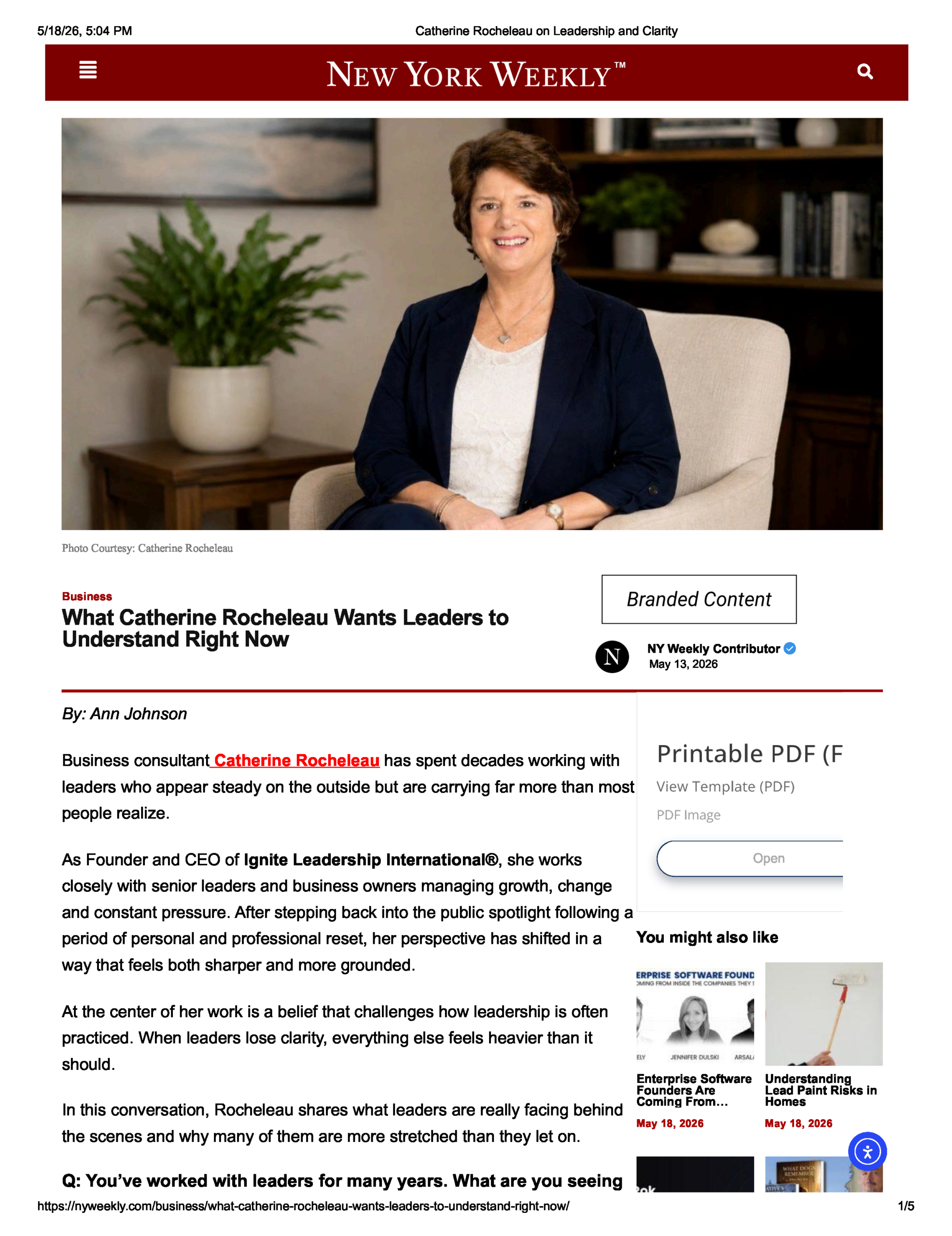 260513 Cover Page Catherine Rocheleau on Leadership and Clarity -- NY Weekly Front page of article about Catherine Rocheleau featured in the NY Weekly - May 13, 2026