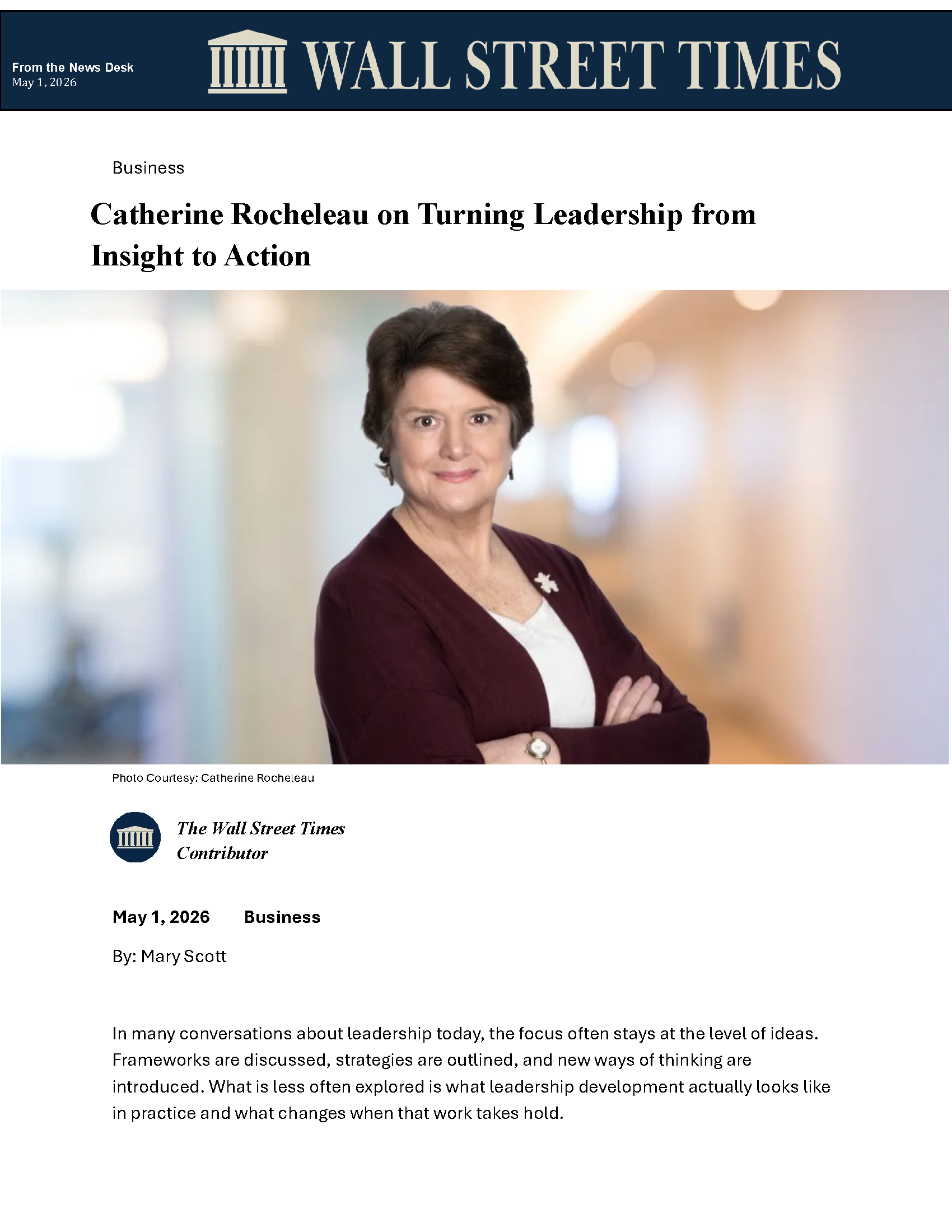 Catherine Rocheleau on Turning Leadership from Insight to Action - Wall St Times 260501 cover page Wall St Times contributing article featuring Catherine Rocheleau