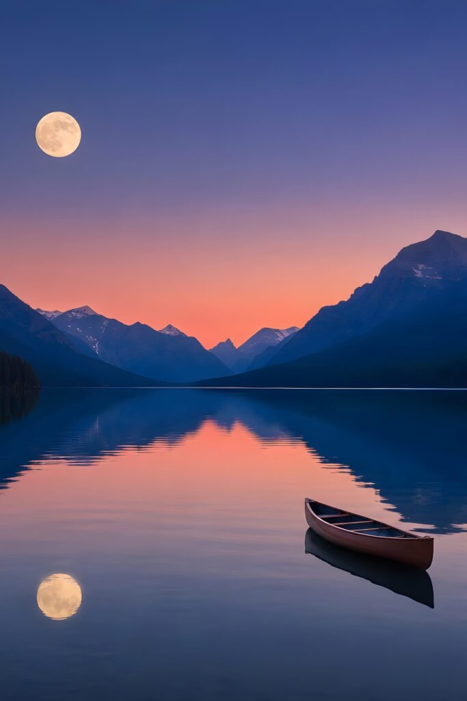 A canoe on a lake surrounded by mountains at sunset with a pink & blue skyImage by Jim Lloyd from Pixabay